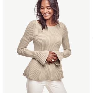 Ann Taylor Ribbed Tan Peplum Sweater Bell Sleeves